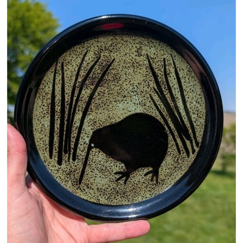 Kiwi Bird Pottery Plate Barry Doyle New Zealand Brown Black Green Primative MCM